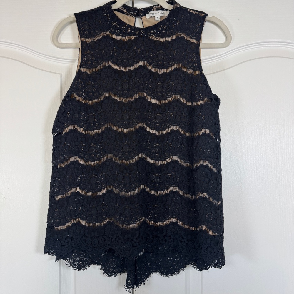 Rose & Olive Lace Blouse Medium Black Sleeveless High Low Top Feminine
